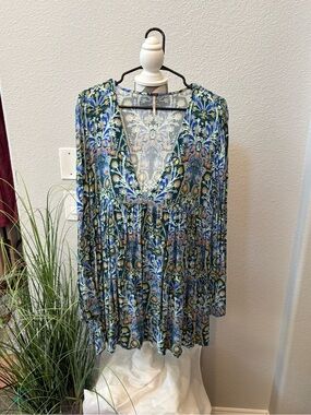 Free People Boho V-Neck Tunic in Blue Multi Floral